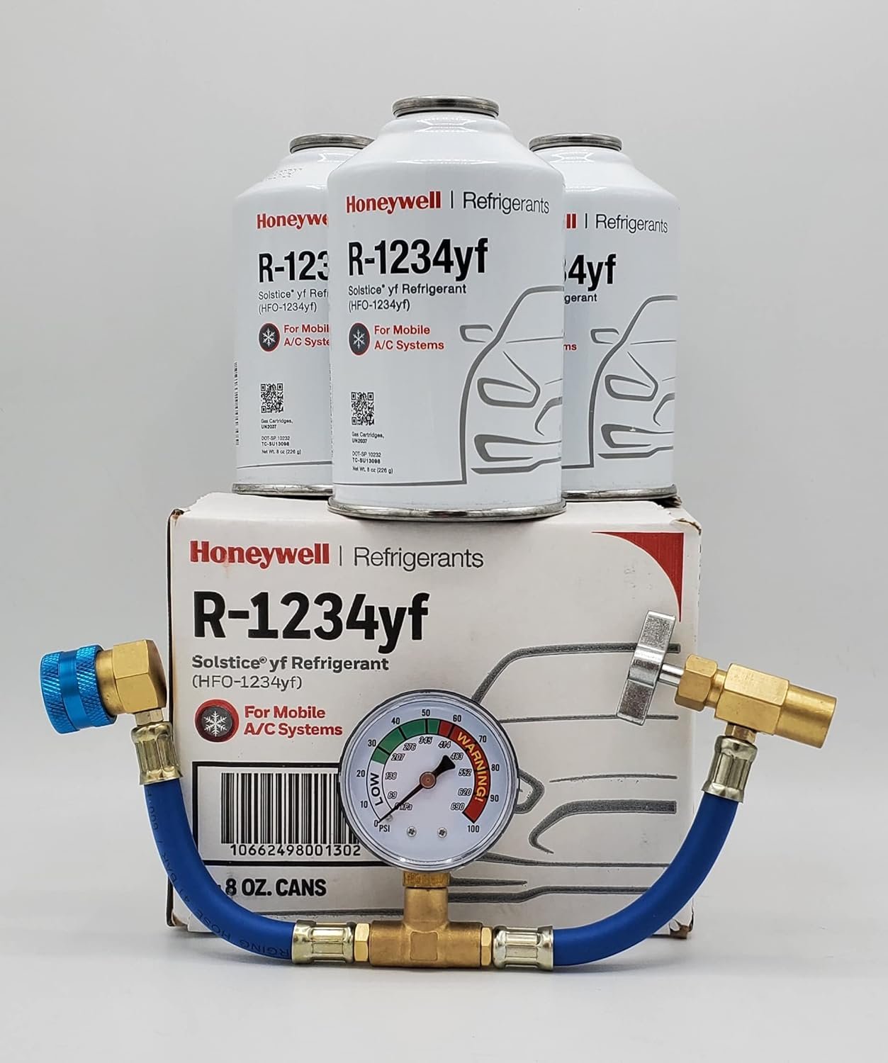 Honeywell_R-1234yf_Refrigerant_3_Cans_8_oz_Each_with_Free_A_C_Recharge_Gauge Honeywell R-1234yf Refrigerant – 3 Cans (8oz Each) with HD Brass Can Tap